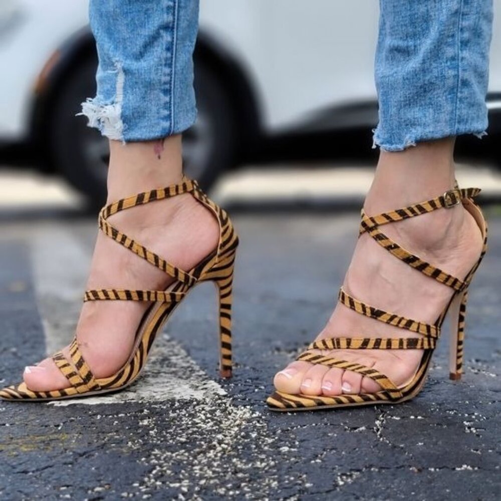 Striped Tan & Black Strappy High Heel Sandals